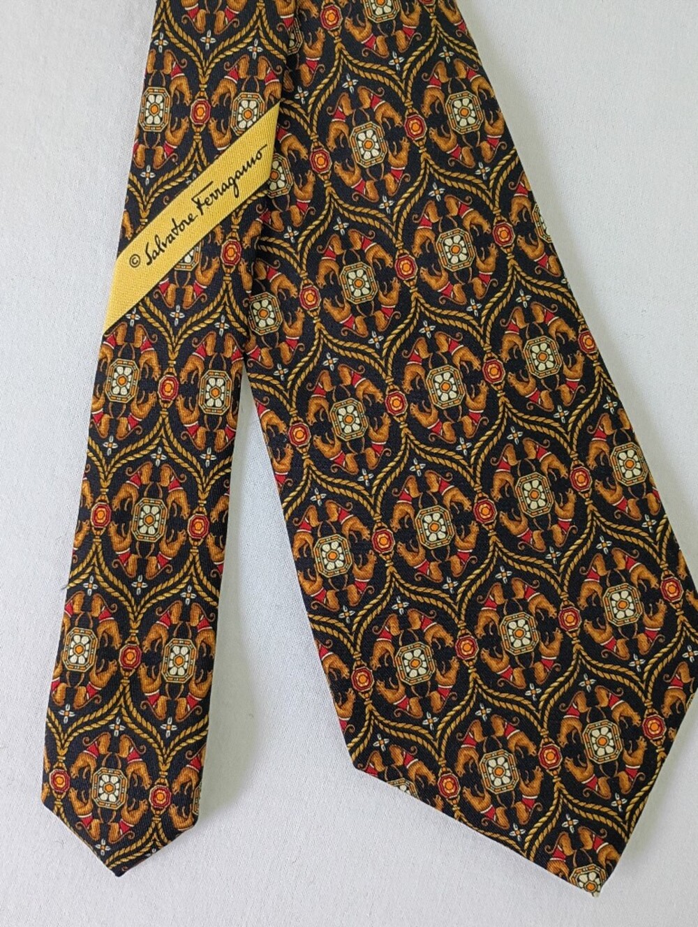 Salvatore Ferragamo Tie Silk Animal Pattern Black Gold Red 58" x 3.5"